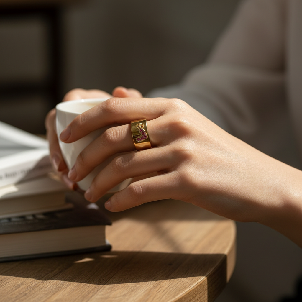 Bague Yara dorée portée à la main d'une femme tenant une tasse blanche
