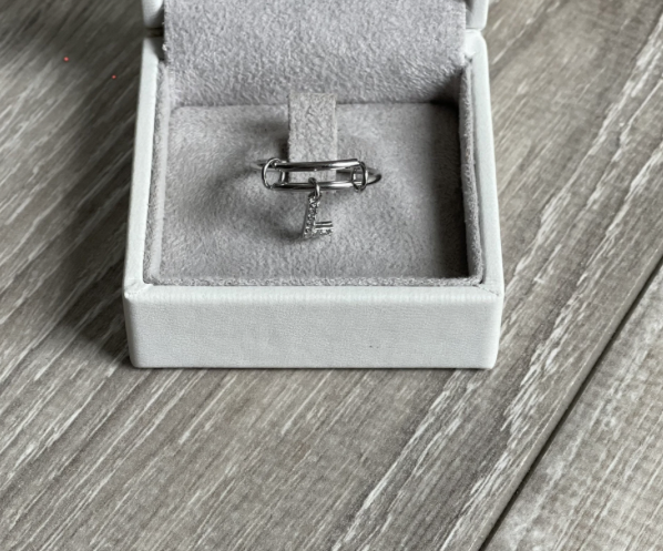 Bague initiale personnalisable argentée en acier inoxydable présentée dans un écrin à bijoux blanc